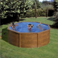 GRE Piscine Ronde Acier Gré Pacific Imitation Bois - 3,50 X 1,20 M -Magasin Piscines kit350w piscine ronde acier gre pacific imitation bois 350 120 ambiance 2