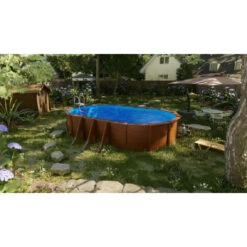 GRE Piscine Ovale Acier Gré Pacific Imitation Bois - 7,30 X 3,75 X 1,20 M -Magasin Piscines kit730w piscine ovale acier gre pacific imitation bois 730 375 120 ambiance 2