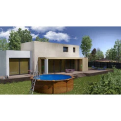 GRE Piscine Ronde Acier Gré Sicilia Imitation Bois - Ø 3,50 X 1,20 M -Magasin Piscines kitpr453w piscine ronde acier gre sicilia imitation bois 460 120 ambiance 1